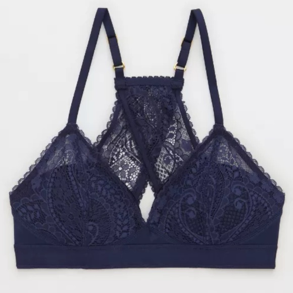 AERIE Wireless Lace Paisley Overlay Bra Navy Size 32A - Picture 3 of 11